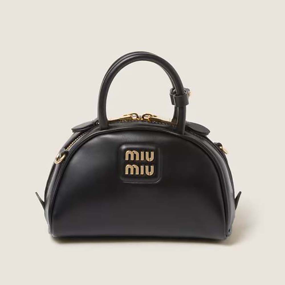 Front view of Miu Miu Women Mini Leather Top-handle Bag-Black showing flap closure