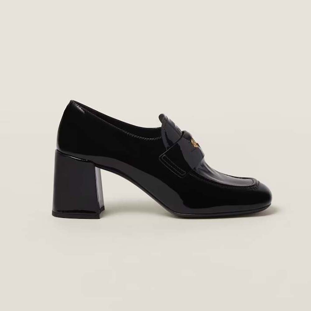 Side profile of Miu Miu Women Patent Leather Loafers with Embossed Logo black