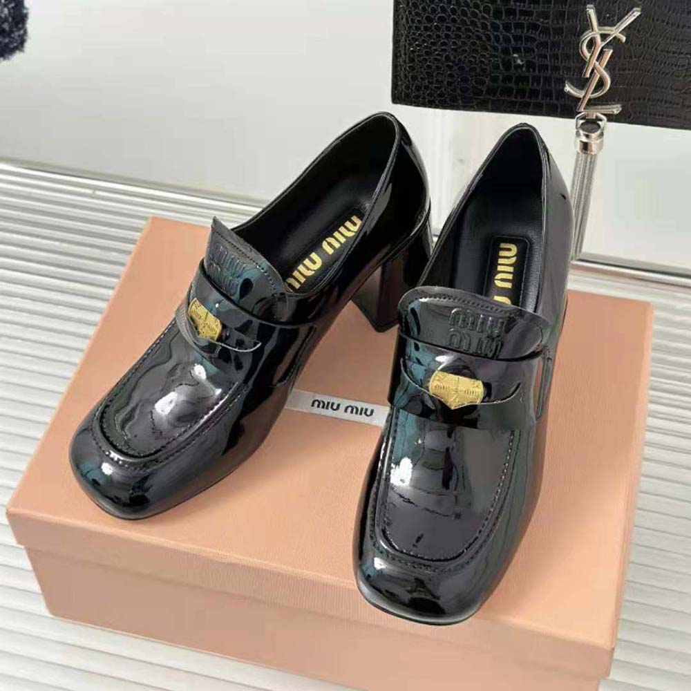Miu Miu Women Patent Leather Loafers with Embossed Logo on the Tongue-Black - image 4
