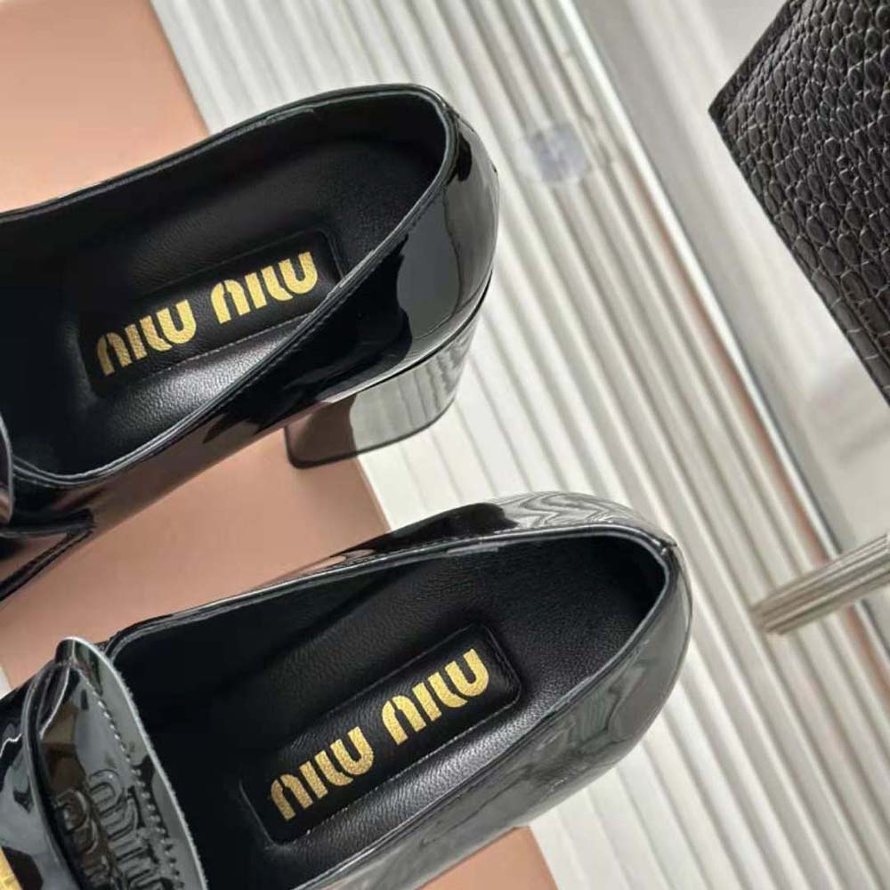 Miu Miu Women Patent Leather Loafers with Embossed Logo on the Tongue-Black - image 8