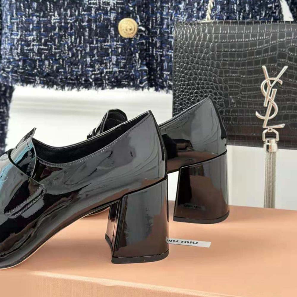 Miu Miu Women Patent Leather Loafers with Embossed Logo on the Tongue-Black - image 9