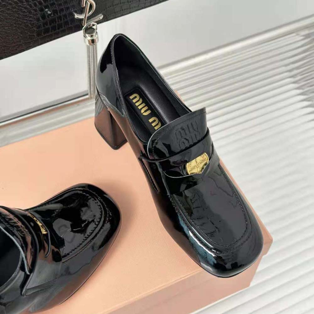 Miu Miu Women Patent Leather Loafers with Embossed Logo on the Tongue-Black - image 6