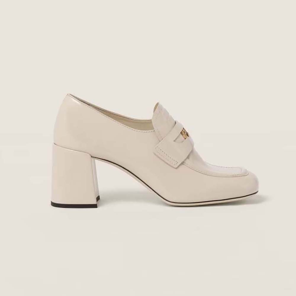 Side view of Miu Miu Women Patent Leather Loafers with Embossed Logo on the Tongue-White