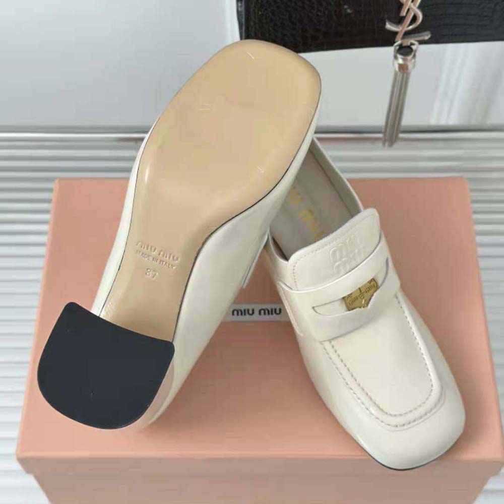 Miu Miu Women Patent Leather Loafers with Embossed Logo on the Tongue-White - image 10