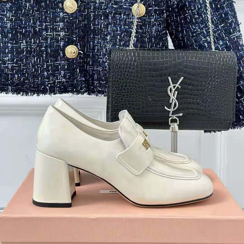 Miu Miu Women Patent Leather Loafers with Embossed Logo on the Tongue-White - image 5
