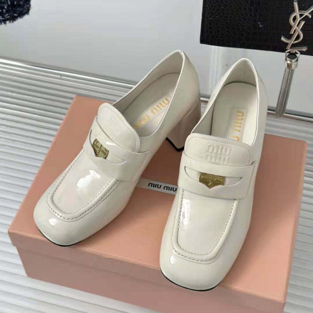 Miu Miu Women Patent Leather Loafers with Embossed Logo on the Tongue-White - image 4