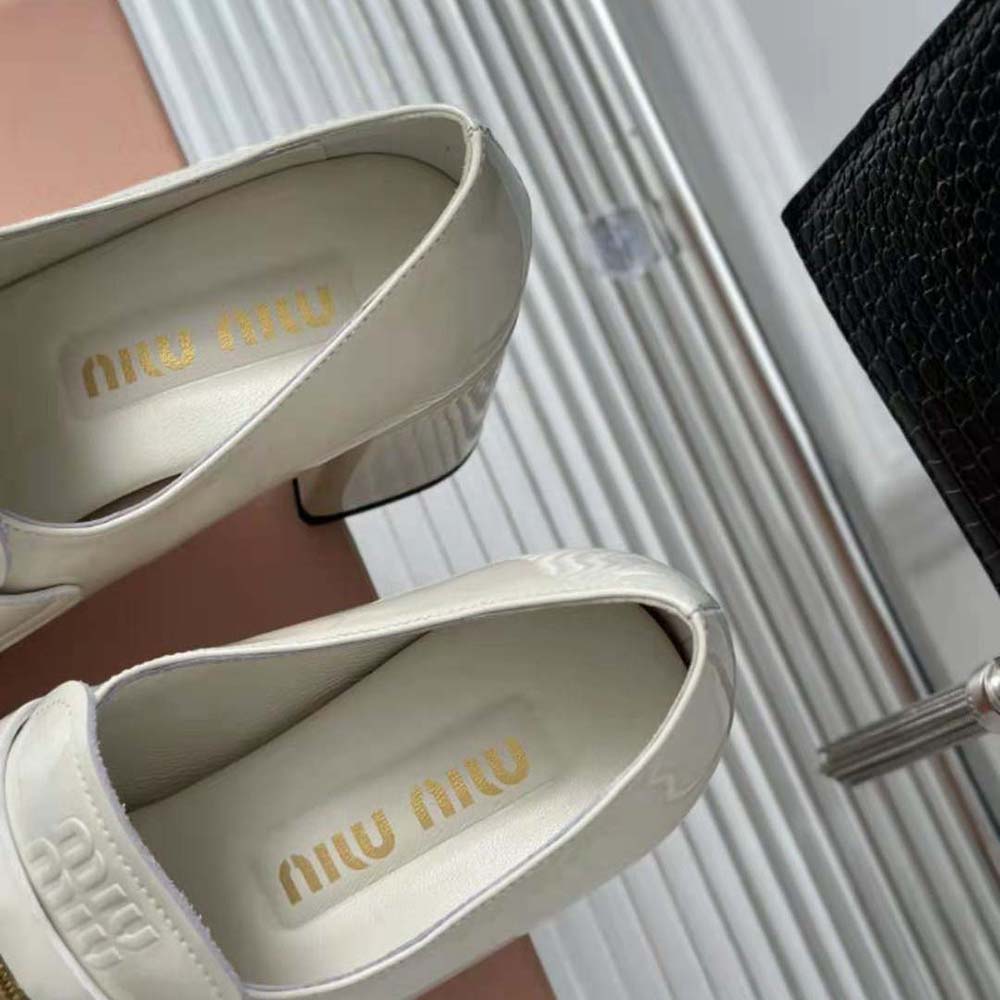 Miu Miu Women Patent Leather Loafers with Embossed Logo on the Tongue-White - image 9