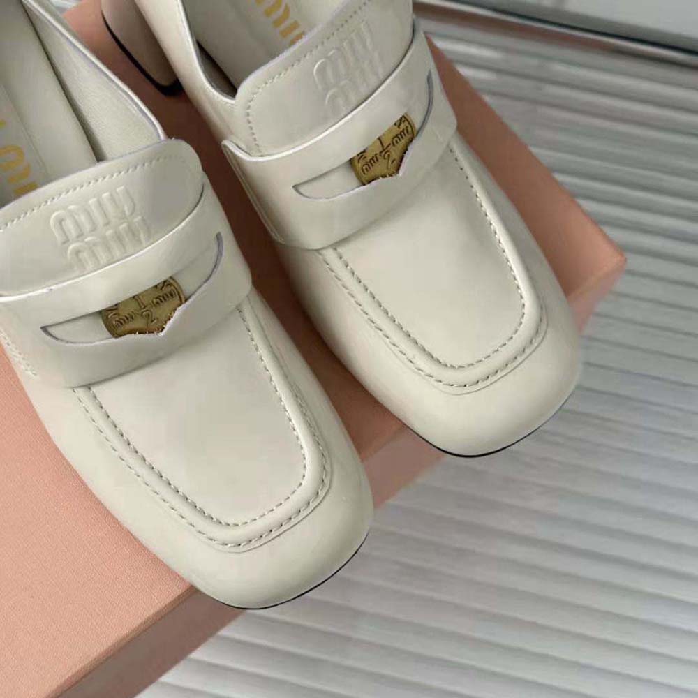 Miu Miu Women Patent Leather Loafers with Embossed Logo on the Tongue-White - image 8