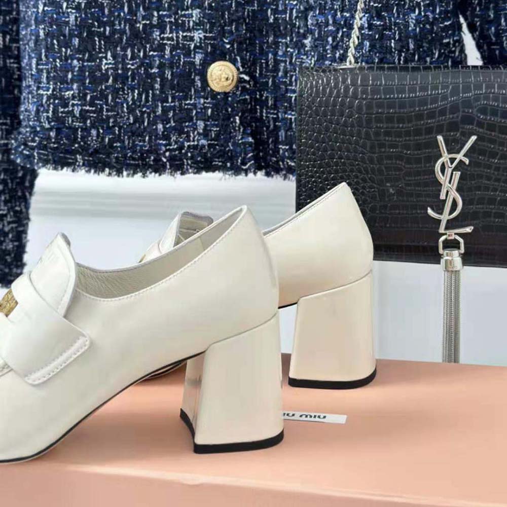 Miu Miu Women Patent Leather Loafers with Embossed Logo on the Tongue-White - image 6