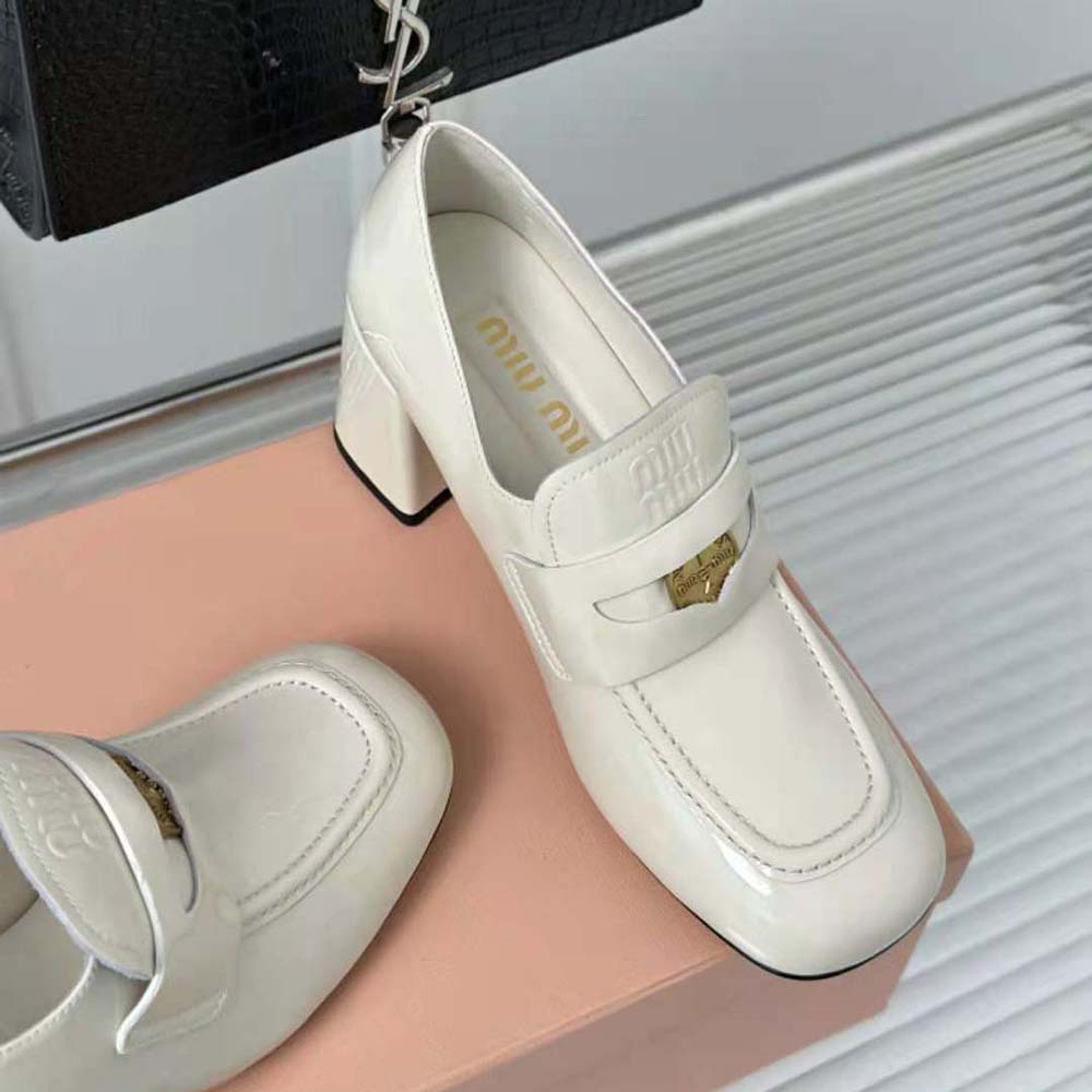 Miu Miu Women Patent Leather Loafers with Embossed Logo on the Tongue-White - image 7