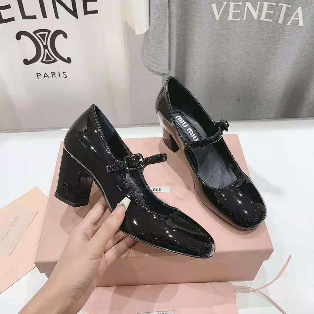 Top-down angle showing sleek patent leather finish on Miu Miu Women Pumps