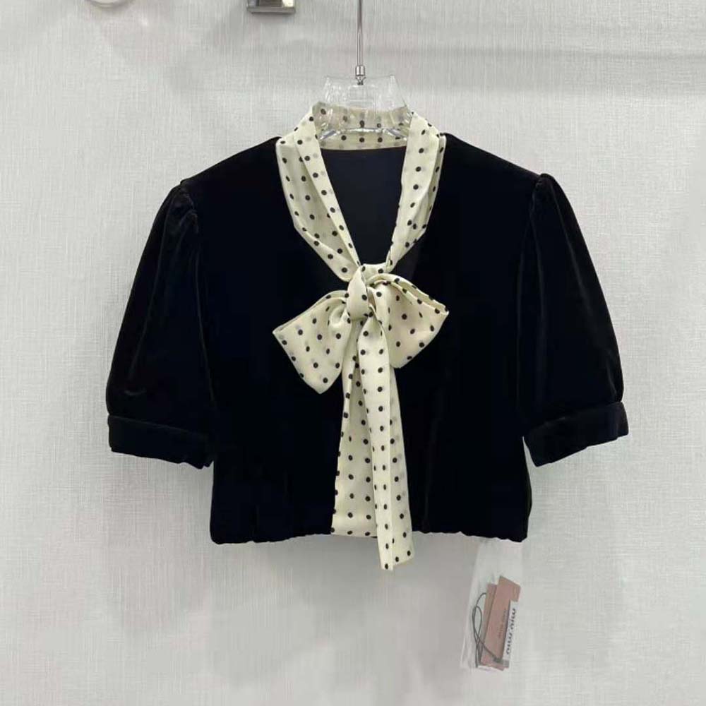 Close-up of scarf collar detail on Miu Miu Velvet Top Black