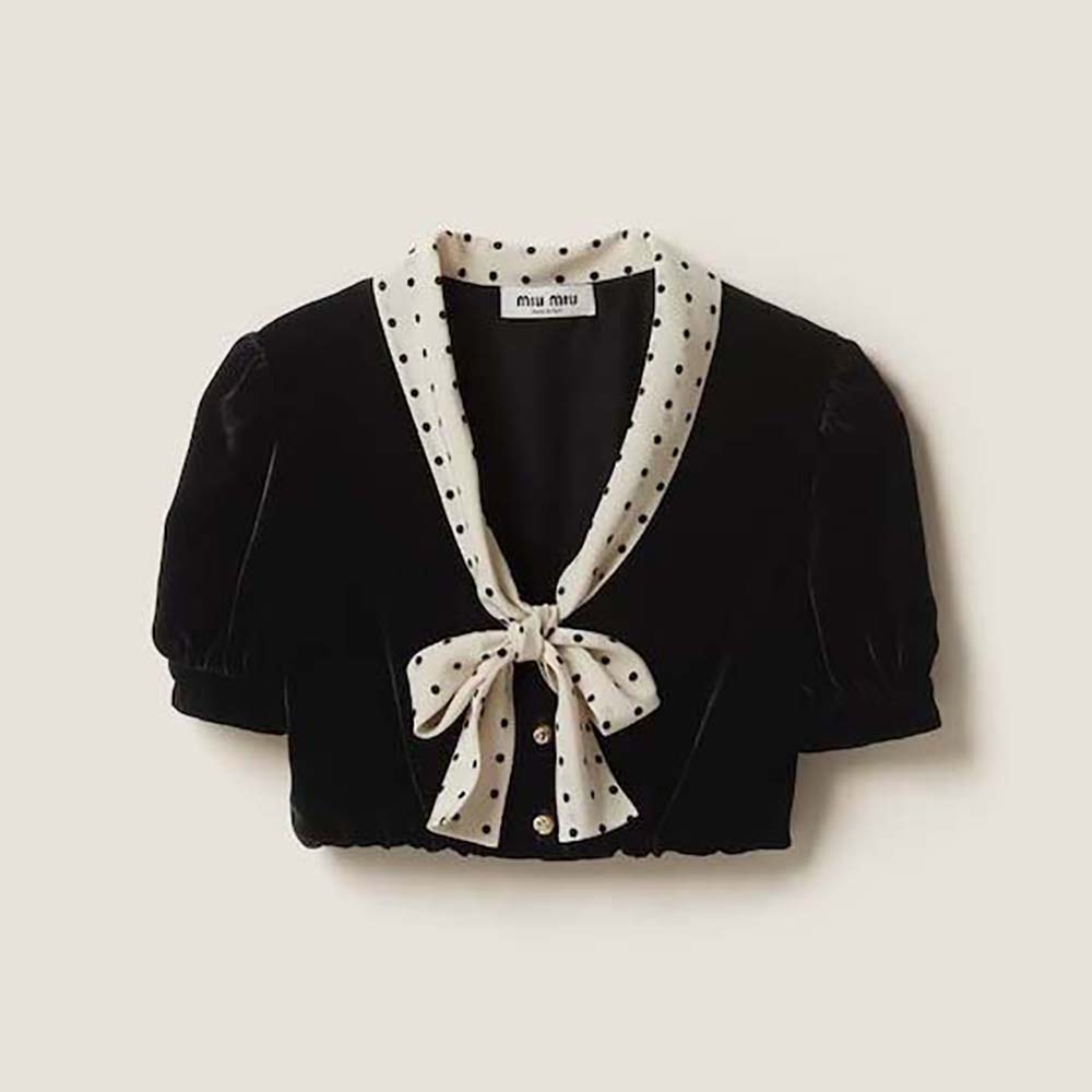 Front view of Miu Miu Women Scarf Collar Velvet Top-Black