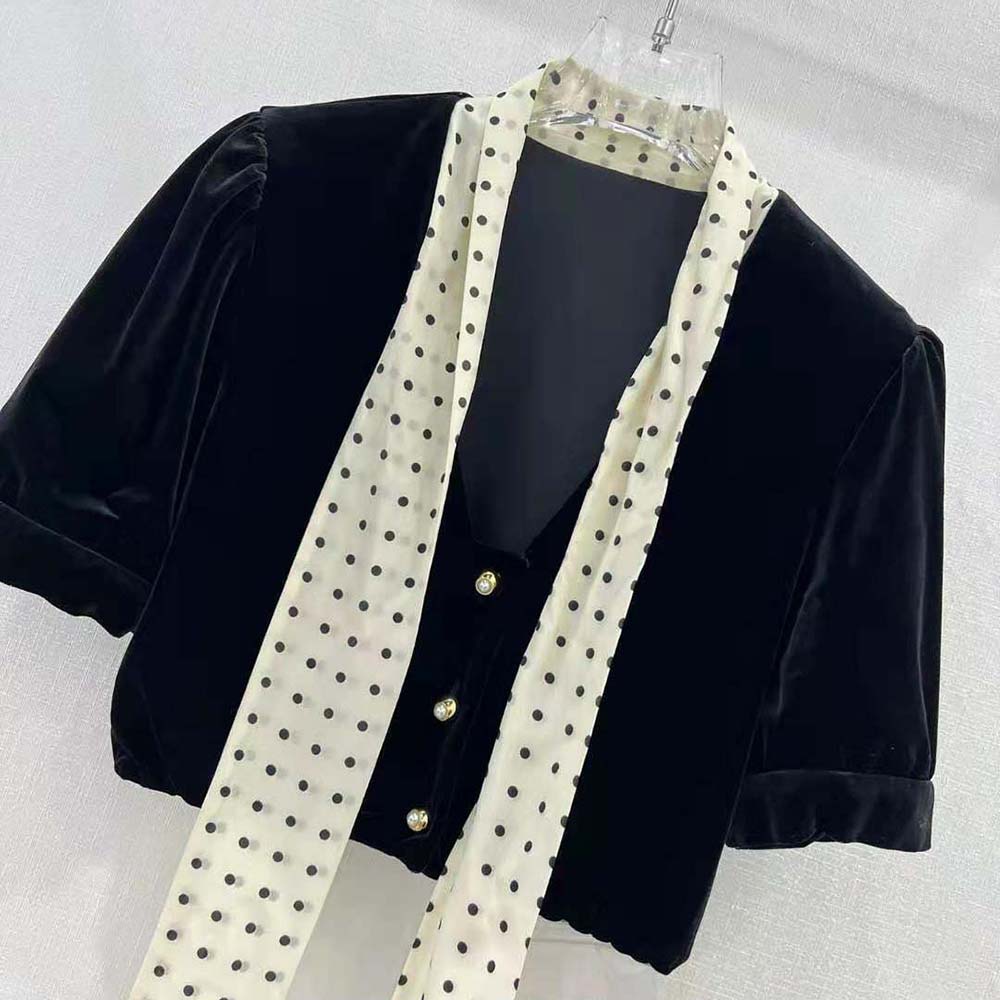 Miu Miu Women Scarf Collar Velvet Top-Black - image 5