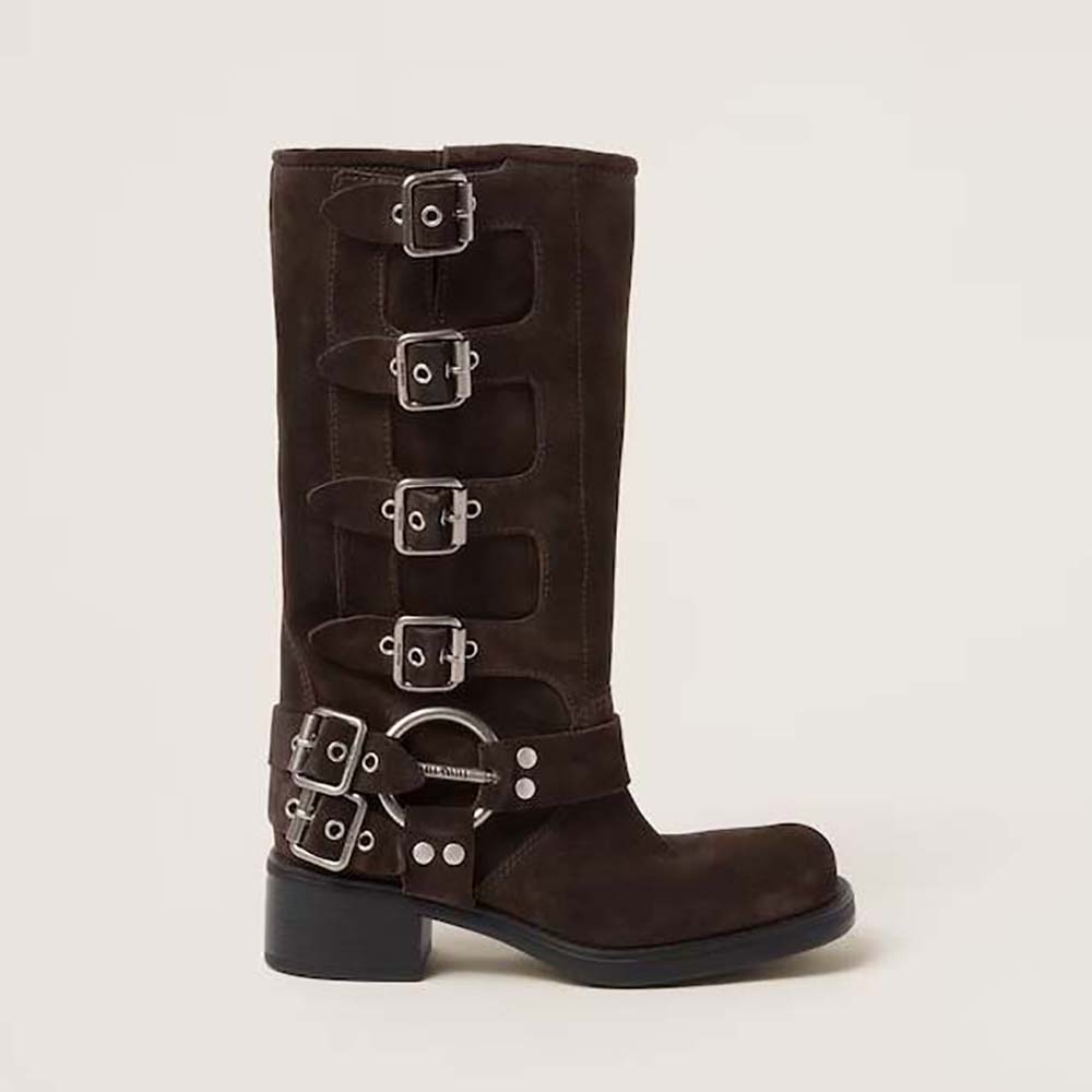 Side view of Miu Miu Women Suede Boots with Logo-engraved Harness Ring