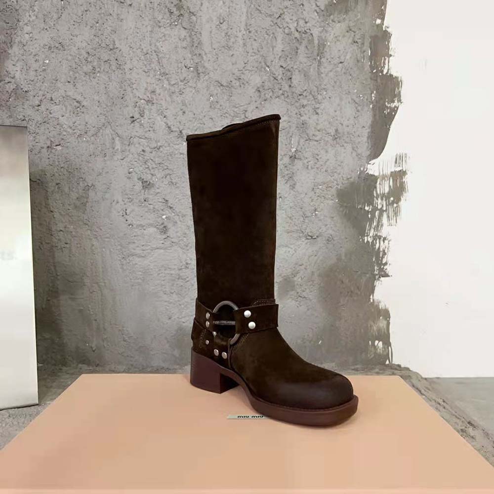 Miu Miu Women Suede Boots with Logo-engraved Harness Ring - image 5
