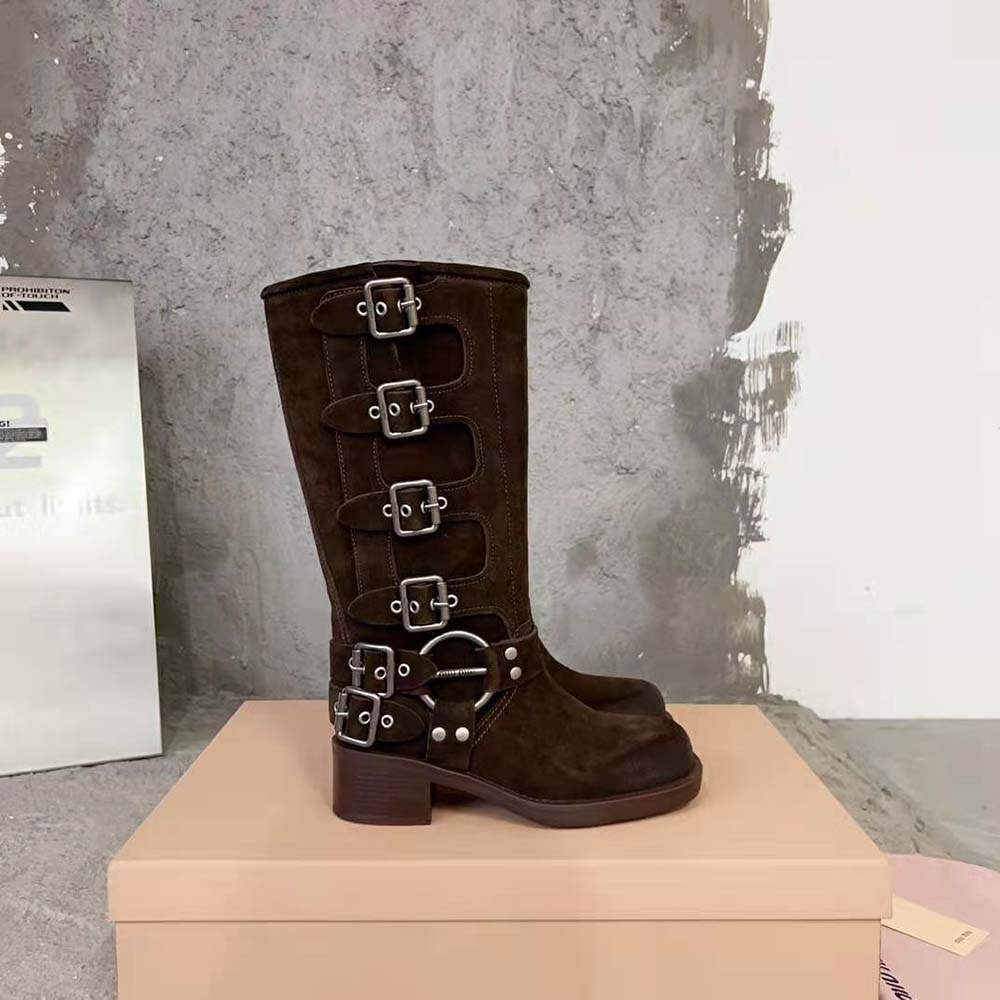 Miu Miu Women Suede Boots with Logo-engraved Harness Ring - image 4