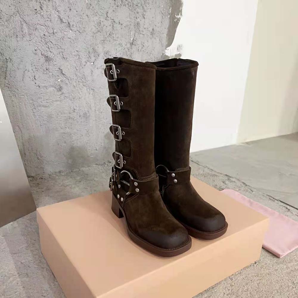 Top-down angle showing black suede texture on Miu Miu Women Suede Boots