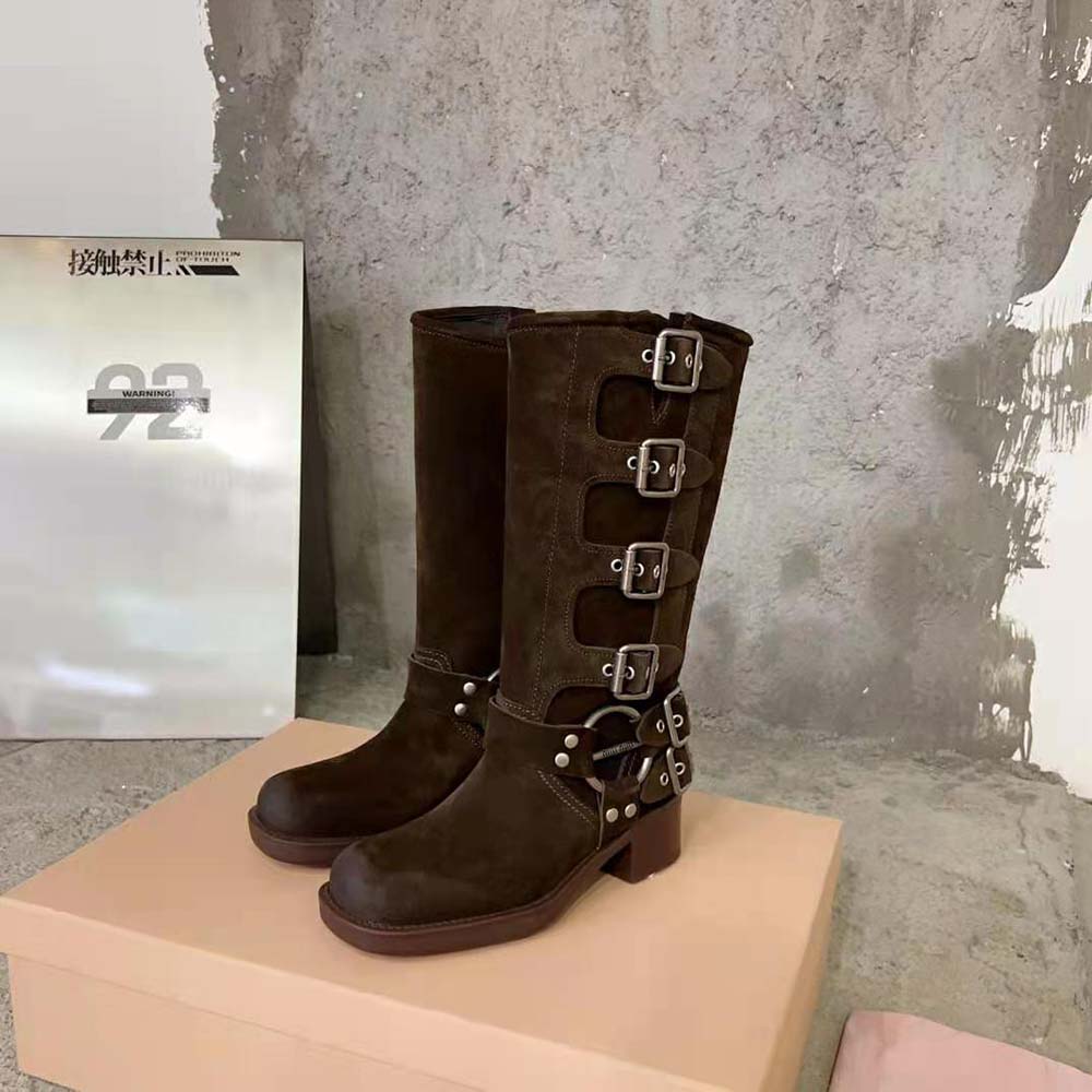 Miu Miu Women Suede Boots with Logo-engraved Harness Ring - image 6