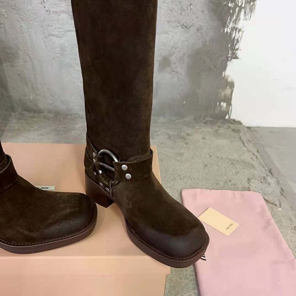 Miu Miu Women Suede Boots with Logo-engraved Harness Ring - image 8