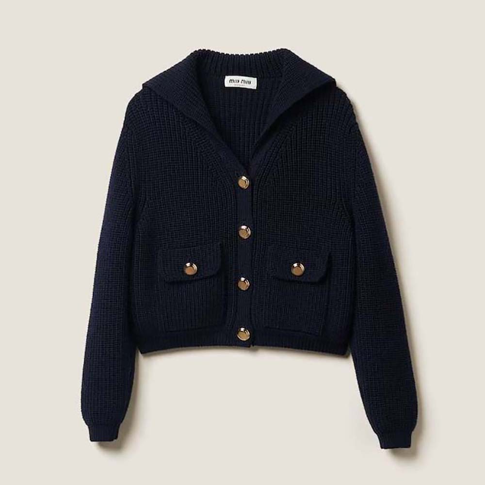 Front view of Miu Miu Women Wool Knit Cardigan in black wool