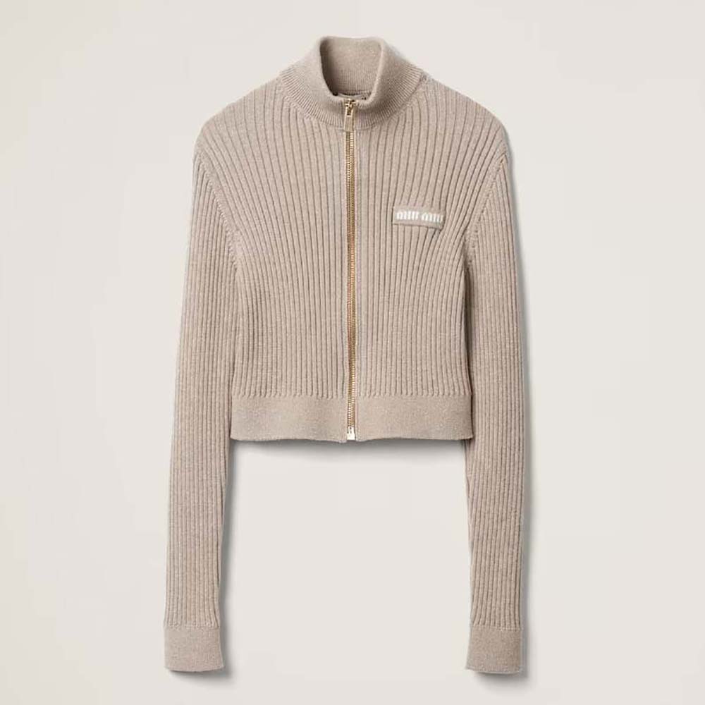 Front view of Miu Miu Women Wool Knit Cardigan with Knit Logo Patch in beige