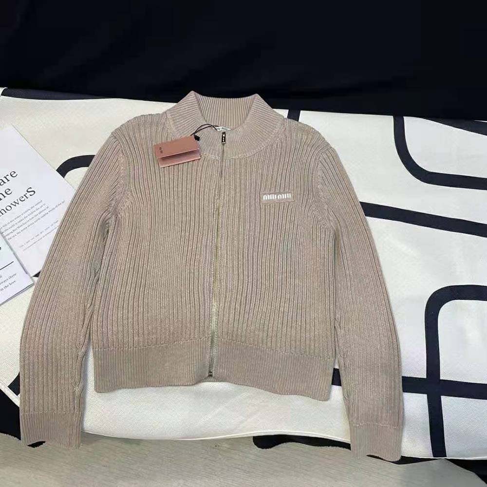 Close-up of knit logo patch detail on Miu Miu Women Wool Knit Cardigan