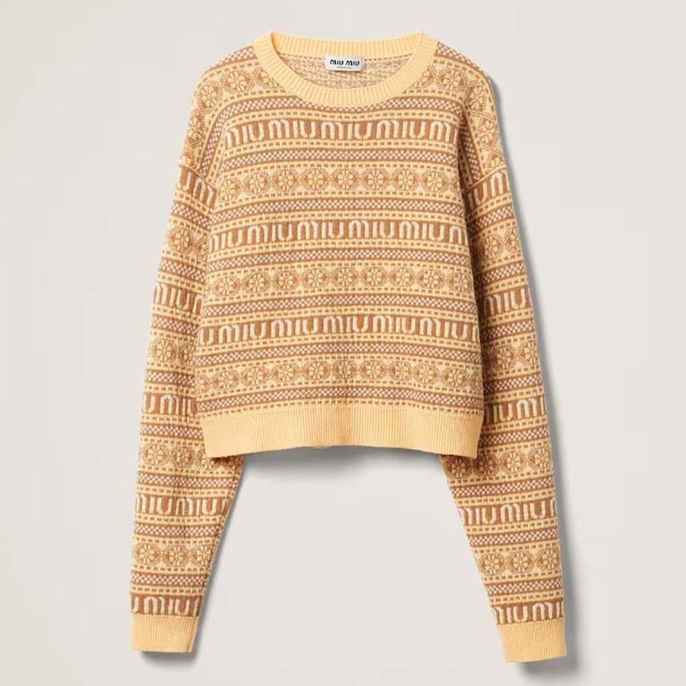 Front view of Miu Miu Women Wool Sweater with Jacquard Logo-Yellow