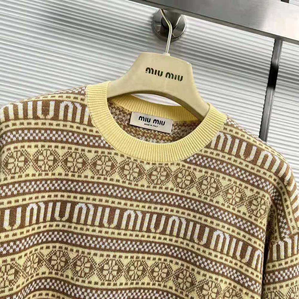 Miu Miu Women Wool Sweater with Jacquard Logo-Yellow - image 6