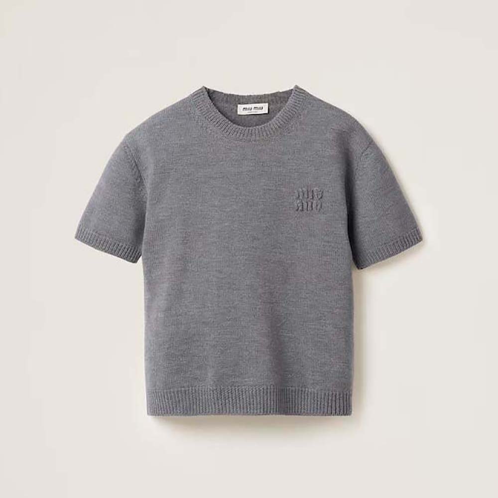 Front view of Miu Miu Women Wool and Nylon Sweater with Embroidered Logo in silver