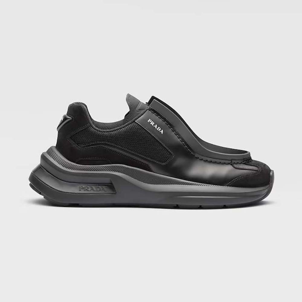 Side profile of Prada Men Brushed Leather Sneakers with Bike Fabric and Suede Elements-Black
