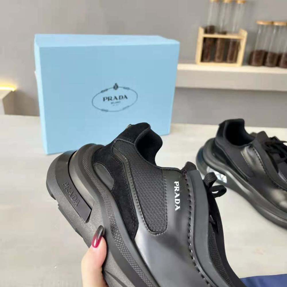 Prada Men Brushed Leather Sneakers with Bike Fabric and Suede Elements-Black - image 7