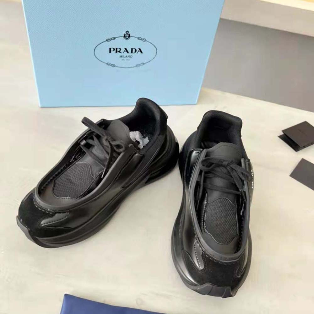 Top view showing lace-up design and suede details on Prada Men Black Sneakers