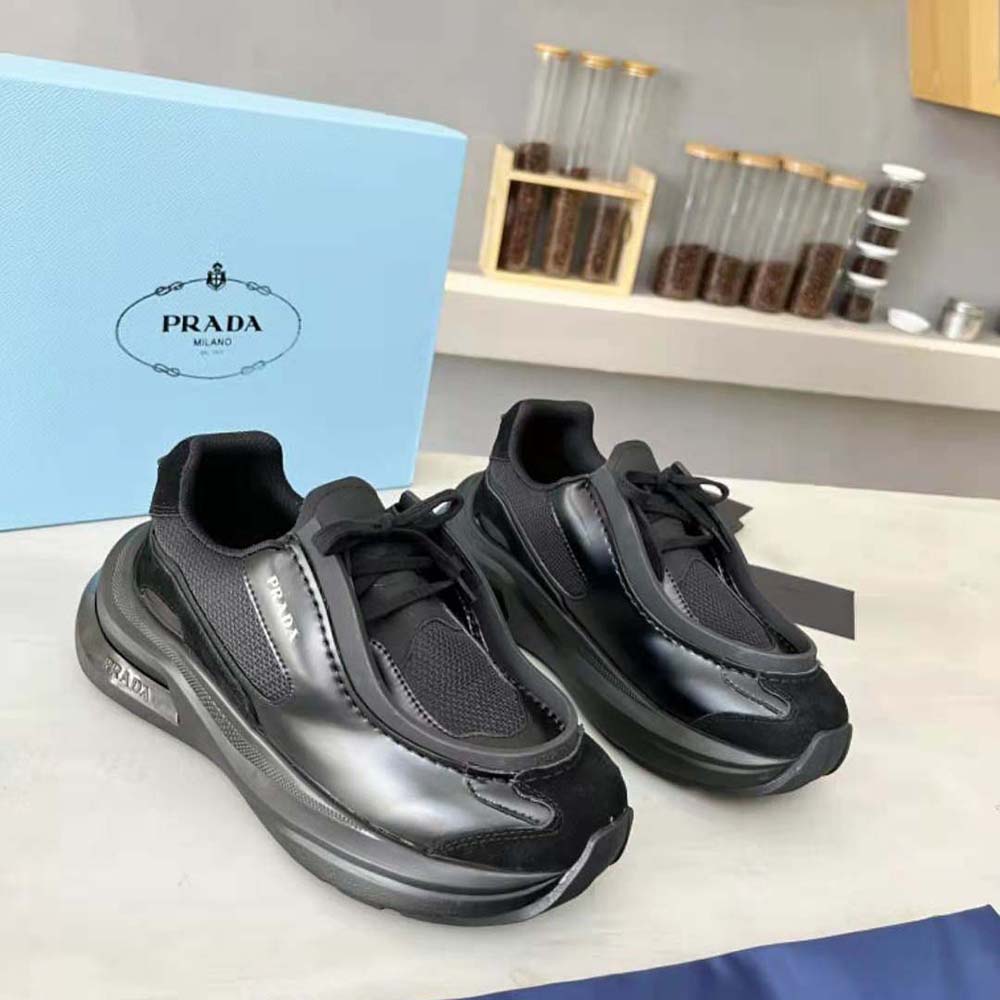 Prada Men Brushed Leather Sneakers with Bike Fabric and Suede Elements-Black - image 4