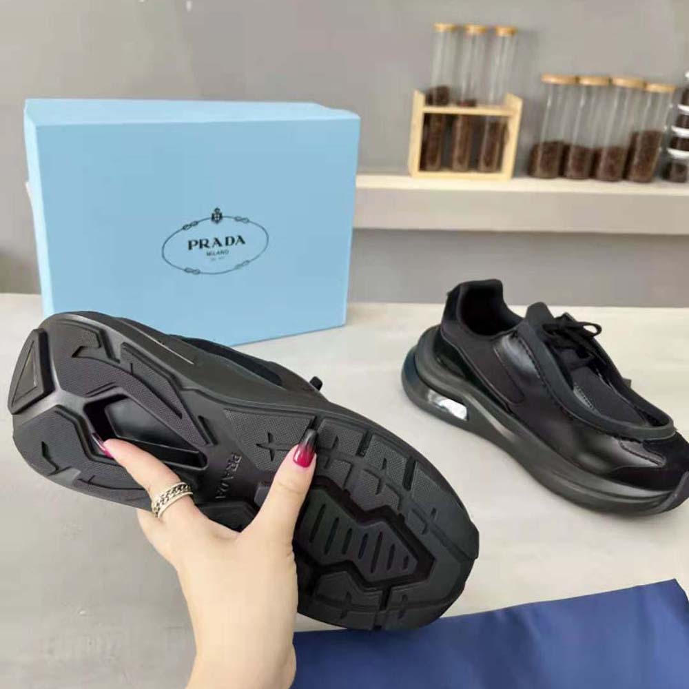 Prada Men Brushed Leather Sneakers with Bike Fabric and Suede Elements-Black - image 9