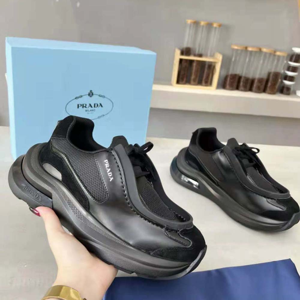 Prada Men Brushed Leather Sneakers with Bike Fabric and Suede Elements-Black - image 6