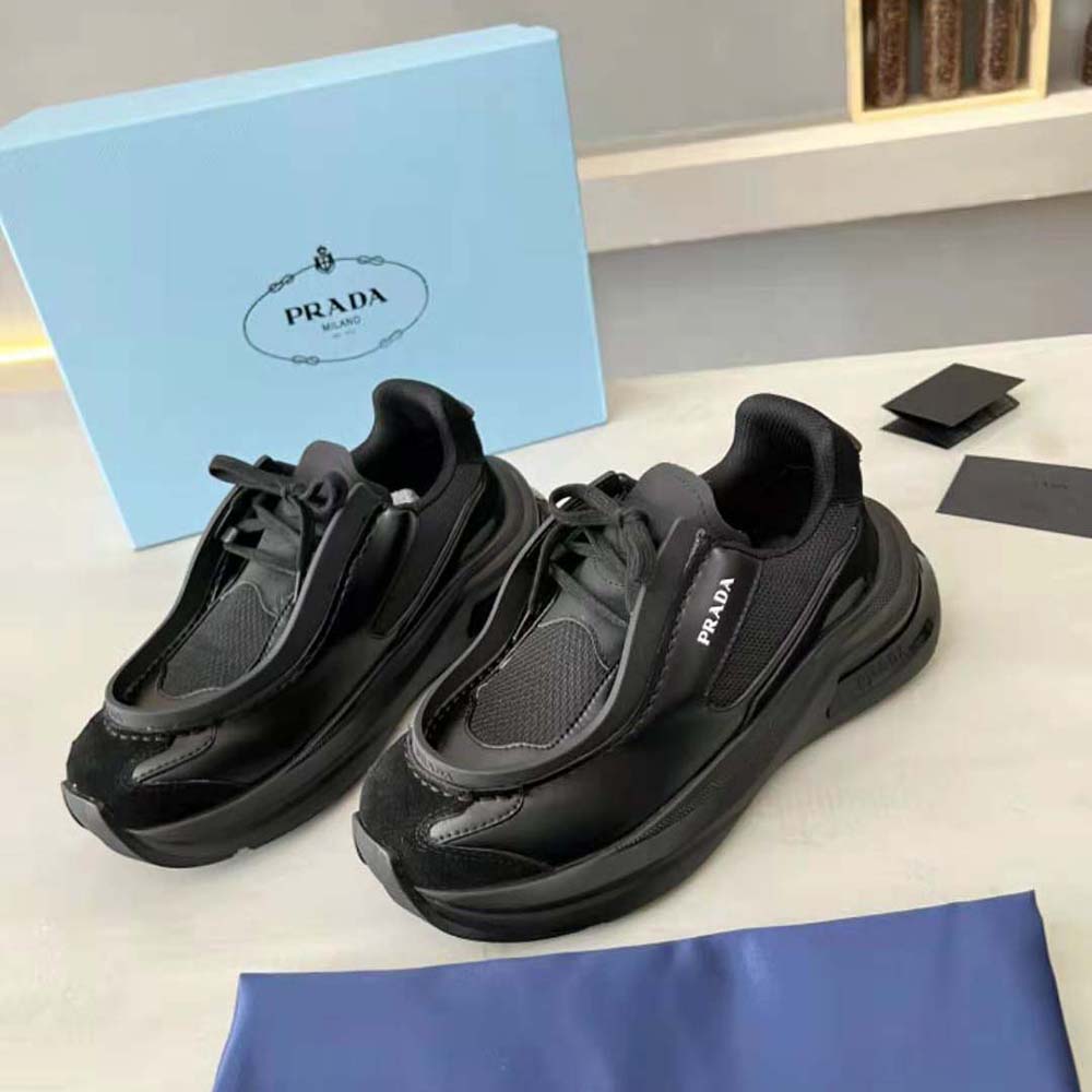 Prada Men Brushed Leather Sneakers with Bike Fabric and Suede Elements-Black - image 5