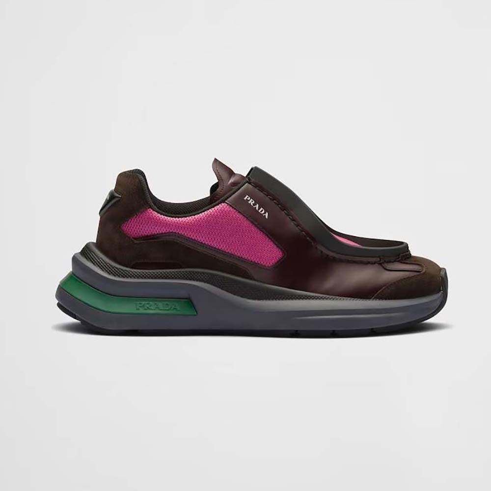 Front angle of Prada Men Brushed Leather Sneakers Pink showing bike fabric