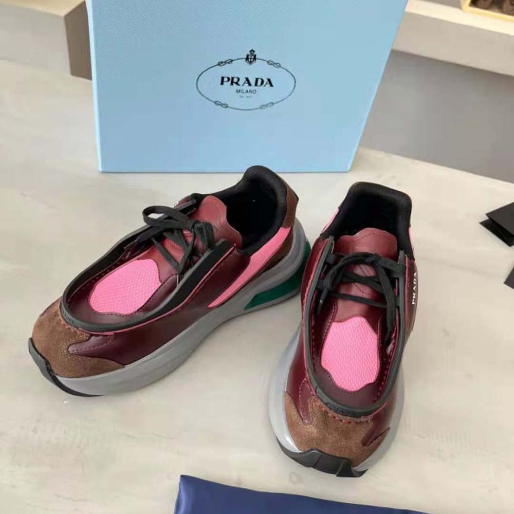 Side view of Prada Men Brushed Leather Sneakers with pink brushed leather
