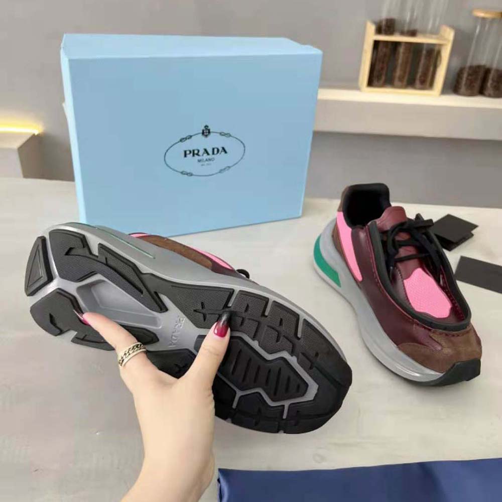 Prada Men Brushed Leather Sneakers with Bike Fabric and Suede Elements-Pink - image 9