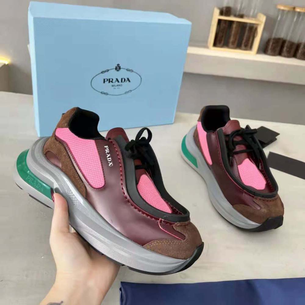 Prada Men Brushed Leather Sneakers with Bike Fabric and Suede Elements-Pink - image 6