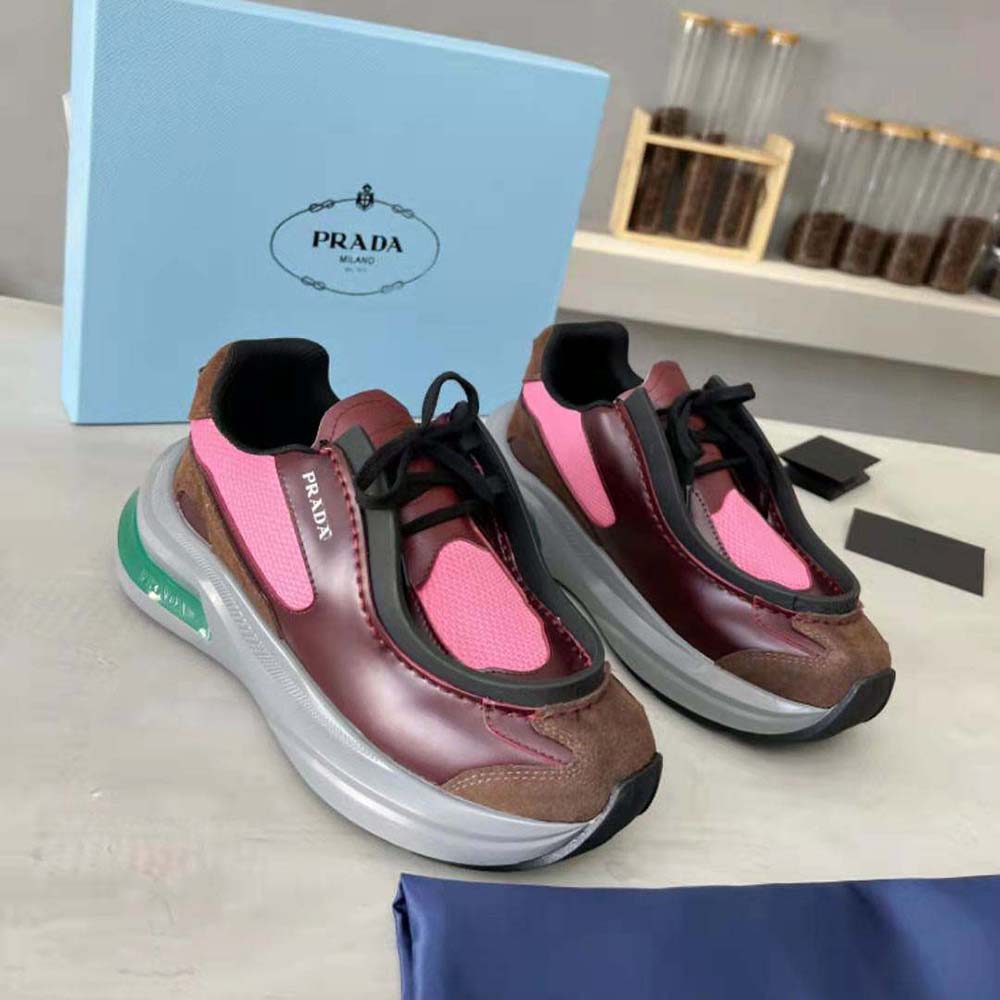 Prada Men Brushed Leather Sneakers with Bike Fabric and Suede Elements-Pink - image 5