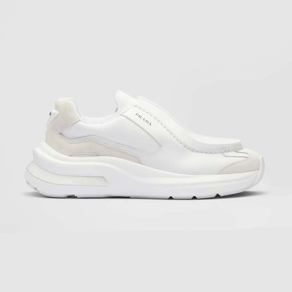 Side view of Prada Men Brushed Leather Sneakers with Bike Fabric and Suede Elements-White