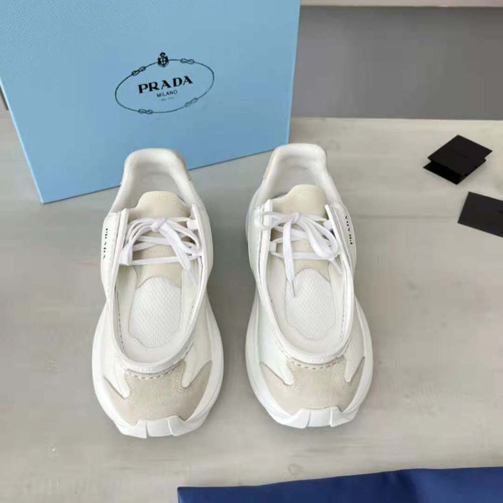 Close-up of brushed leather and suede details on Prada Men Brushed Leather Sneakers