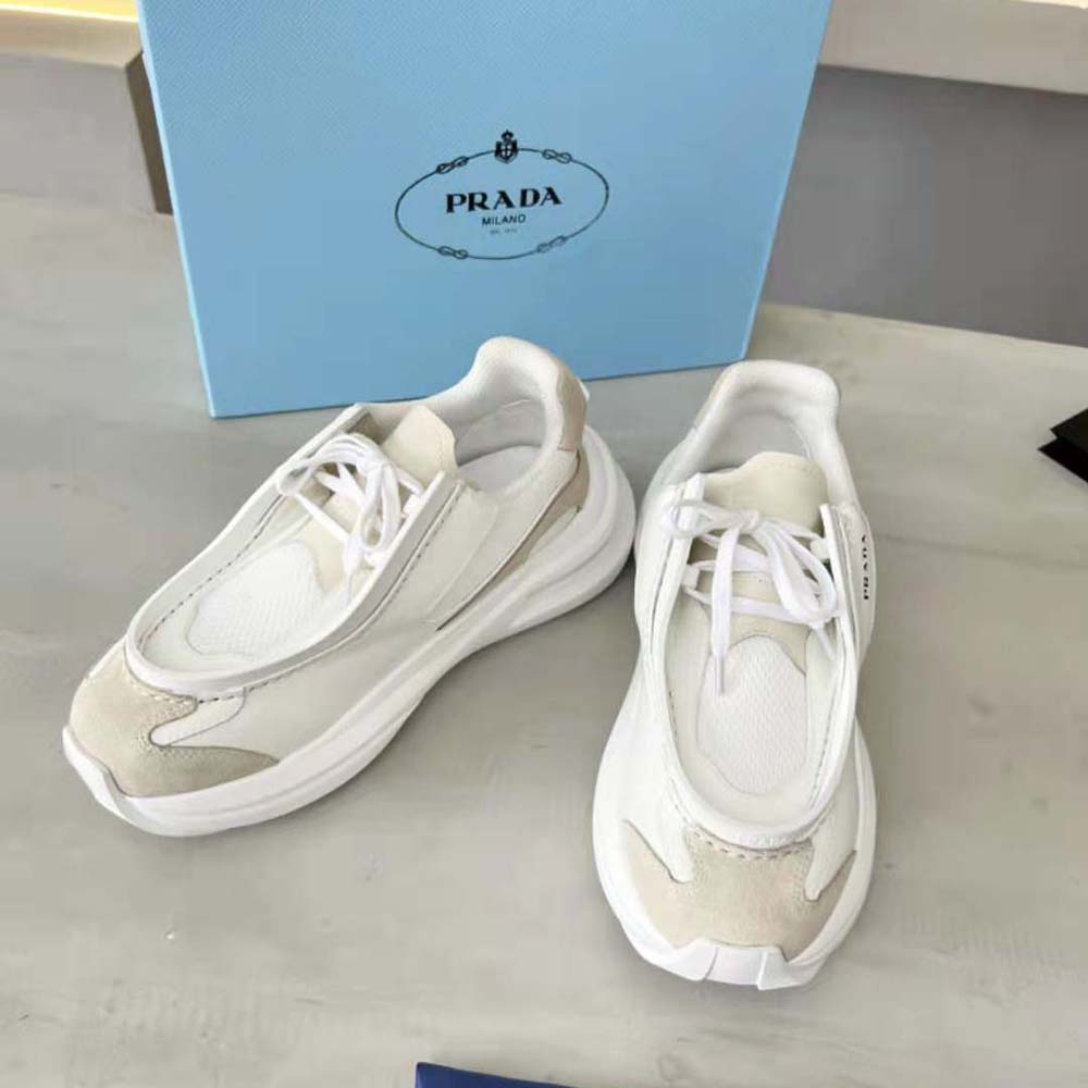 Prada Men Brushed Leather Sneakers with Bike Fabric and Suede Elements-White - image 5