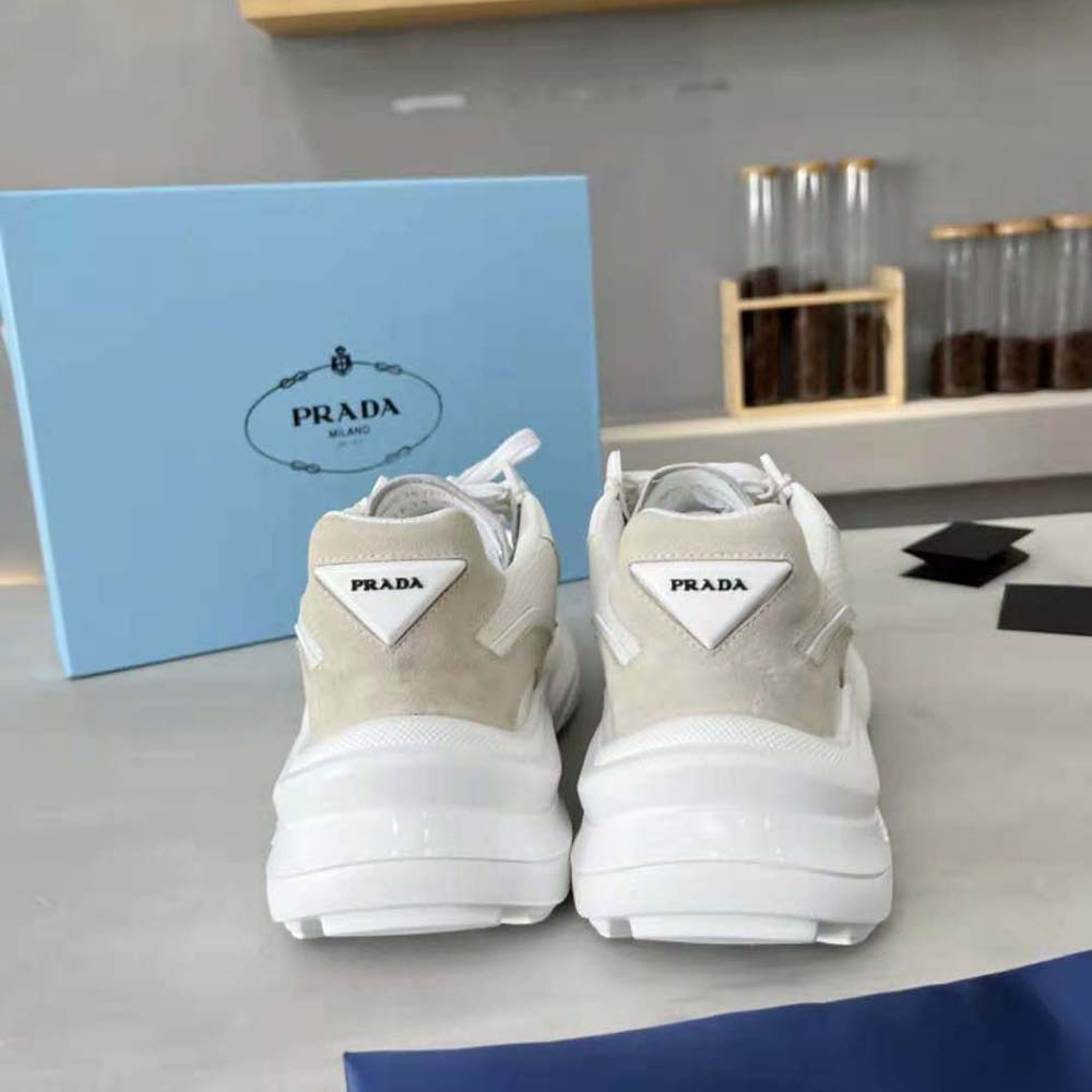 Prada Men Brushed Leather Sneakers with Bike Fabric and Suede Elements-White - image 9