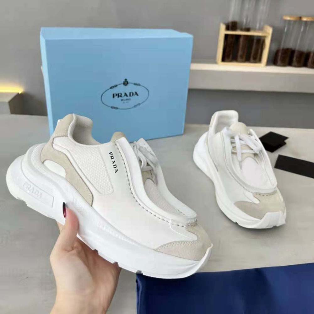 Prada Men Brushed Leather Sneakers with Bike Fabric and Suede Elements-White - image 6