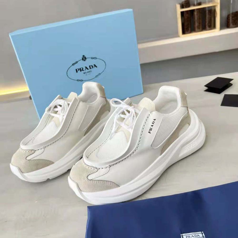 Prada Men Brushed Leather Sneakers with Bike Fabric and Suede Elements-White - image 4