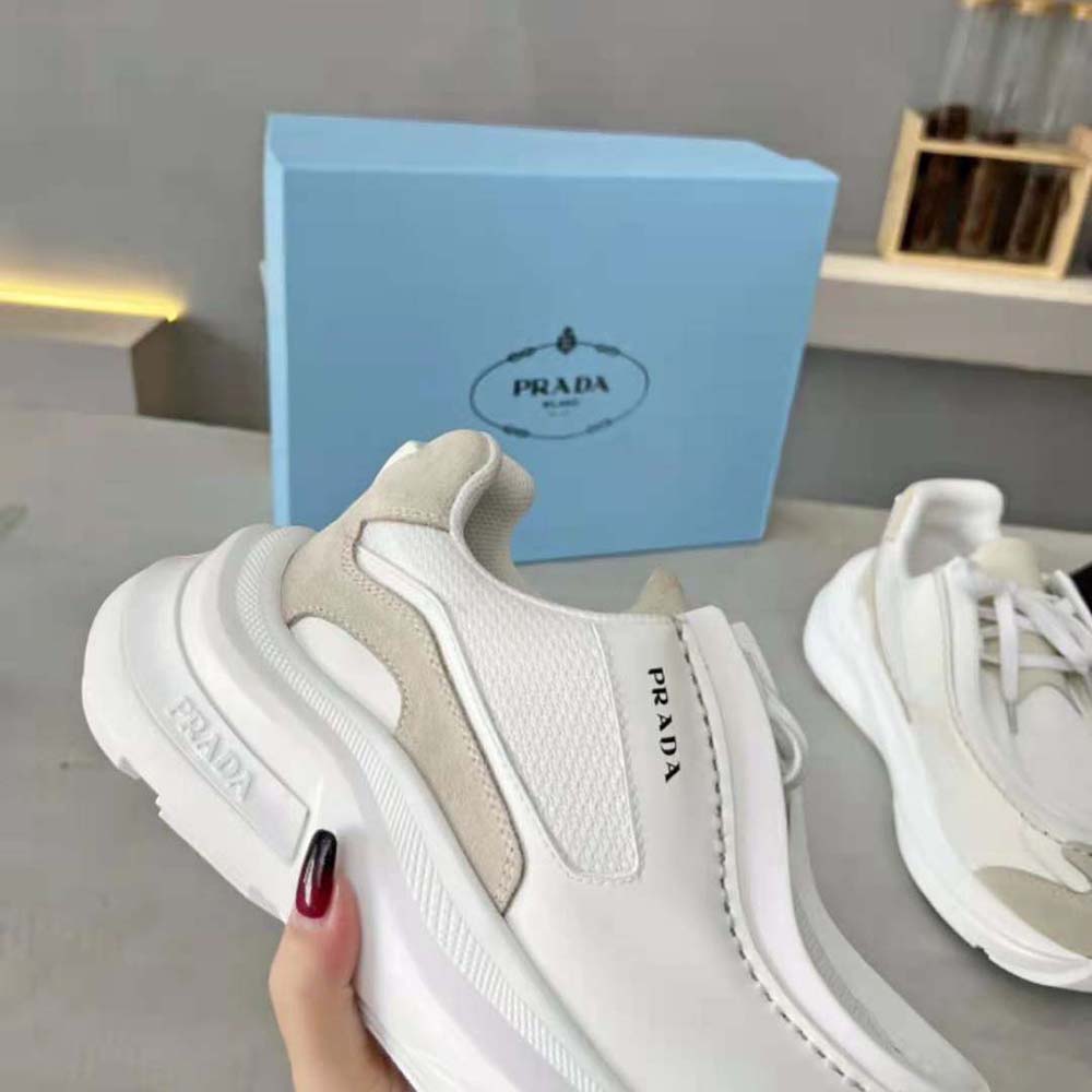 Prada Men Brushed Leather Sneakers with Bike Fabric and Suede Elements-White - image 7