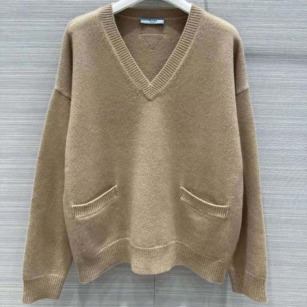 Close-up of soft wool and cashmere fabric on Prada sweater